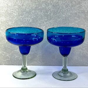 Margarita Glasses Set of 2 Handblown Seeded Bubbles Blue & Turquoise 16 oz